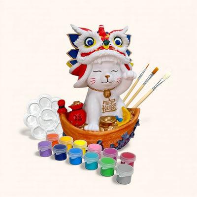 Lucky Cat Lion Dance - DIY Plaster Figurine Painting Kit
